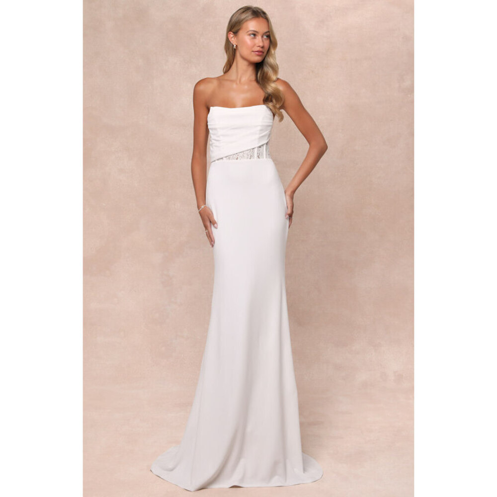 Lulus Avowed Adoration White Sheer Lace Pleated Strapless Maxi Dress - Size L